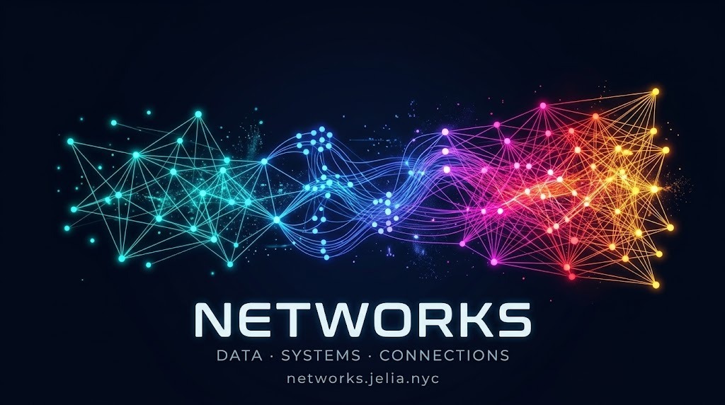 NETWORKS — data, systems, connections. A glowing web of connected nodes running from teal through violet to amber.